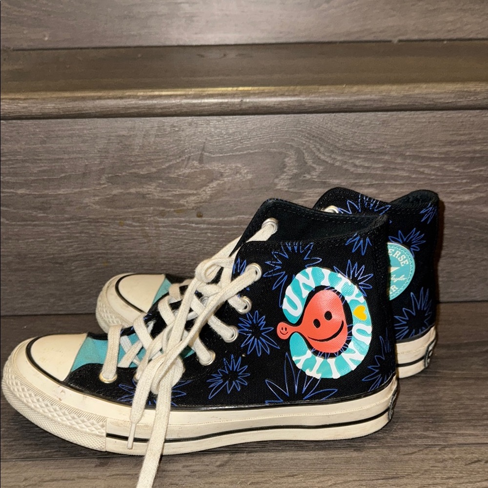 Converse Black and Blue High-Top Sneakers with Artistic Design
